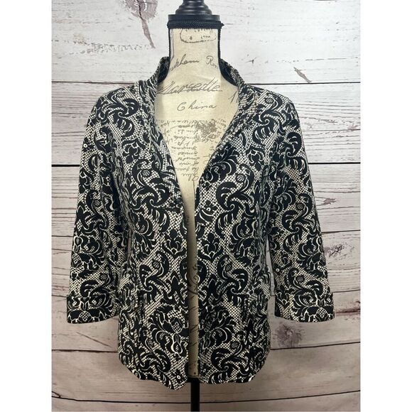 Talbots Blazer Jacket Black White Damask Print 3/4 Sleeve Size 4 - Picture 1 of 4